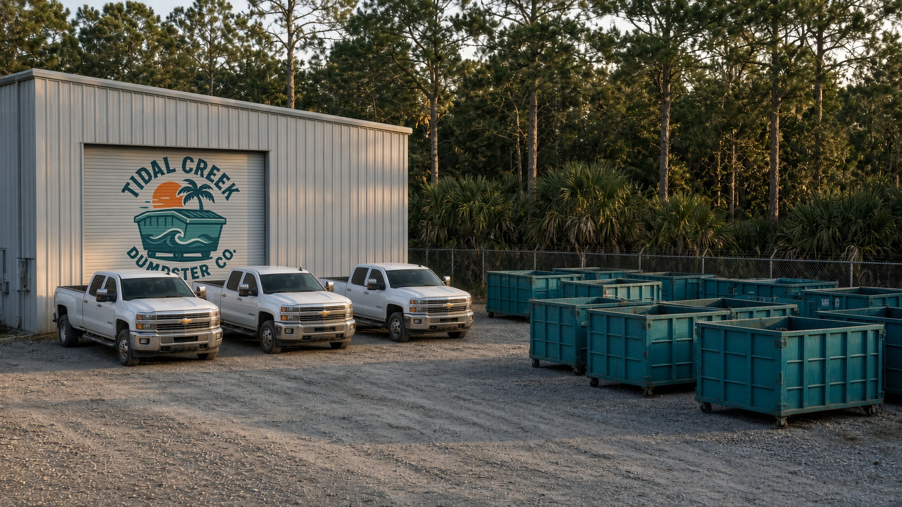 Tidal Creek shop and laydown yard, with dumpsters and the yard sign